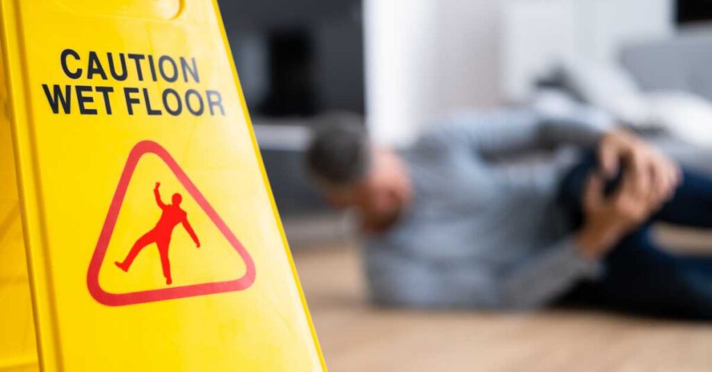 Person who slipped on a wet floor next to a caution sign