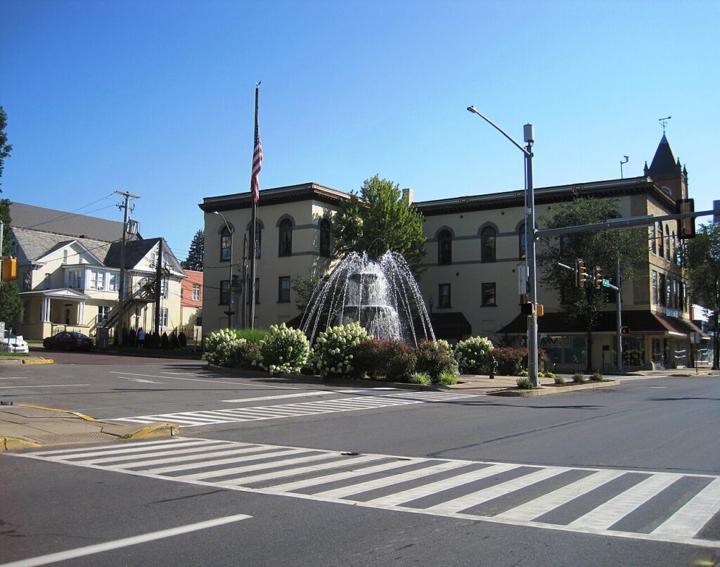 Market Square fountain and Town Hall in downtown Bloomsburg, Pennsylvania